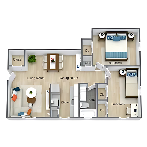 A floor plan of a house with a living room, dining room, kitchen, and two bedrooms.